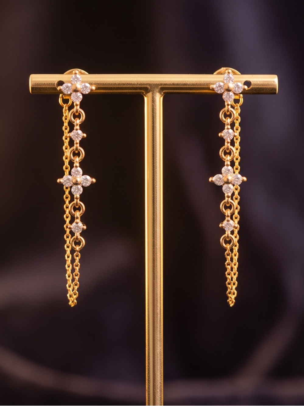 Gold Dangle Floral Chain Earrings - Women Jewelry